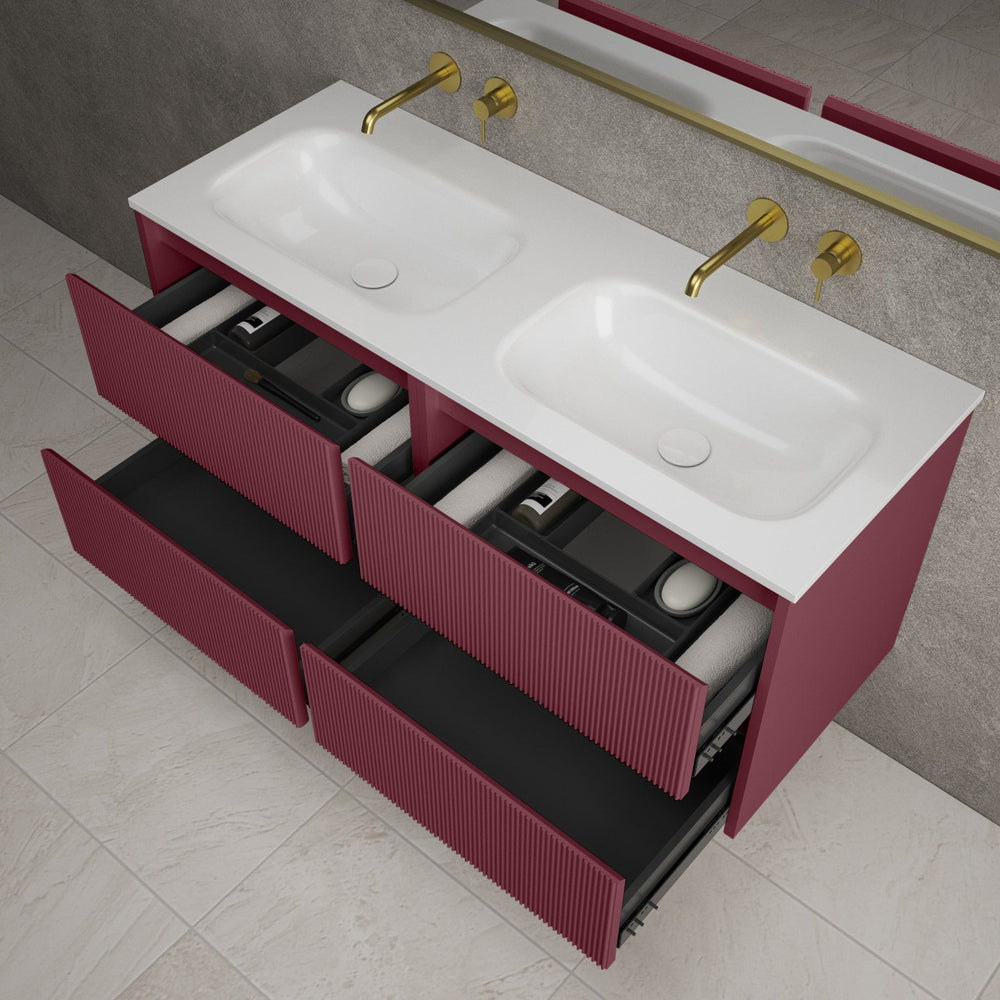 Scanalato Four Drawer Vanity Unit With Beyondstone Double Basin - Mineral Red 1200mm