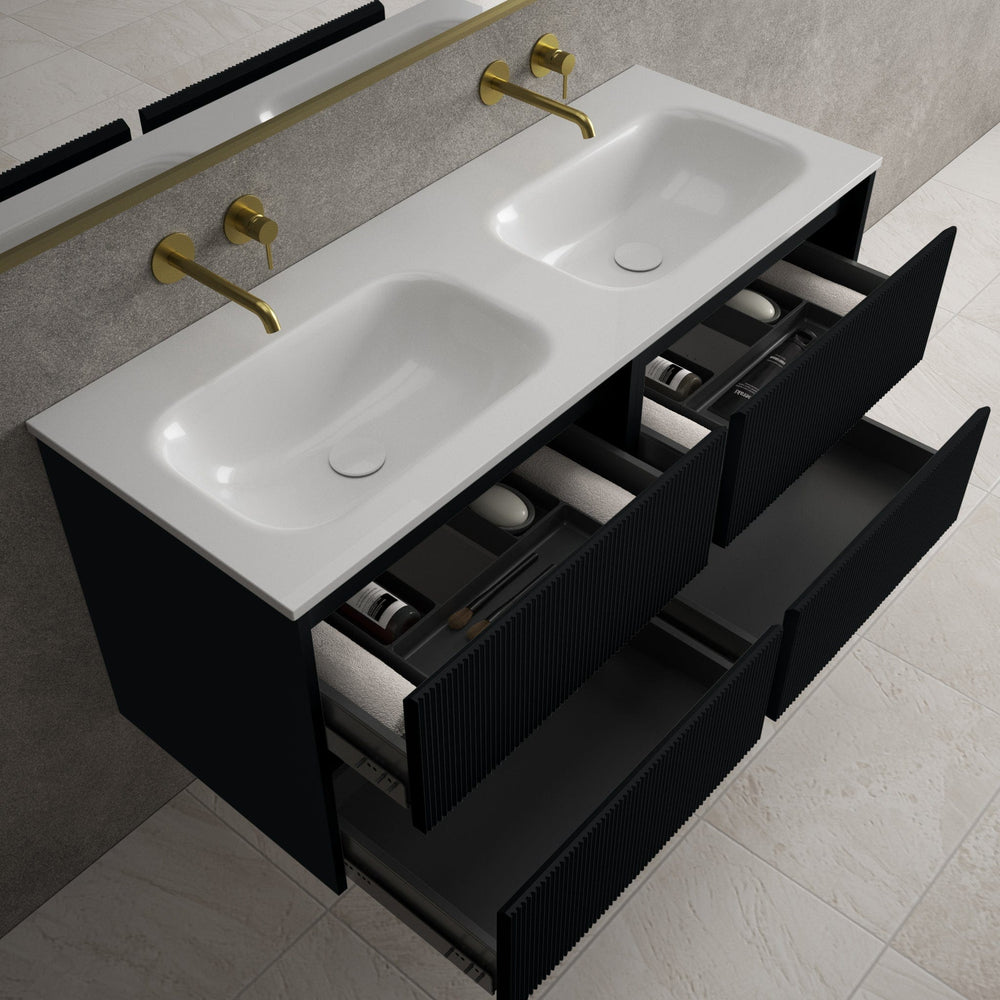 Scanalato Four Drawer Vanity Unit With Beyondstone Double Basin - Pure Black 1200mm