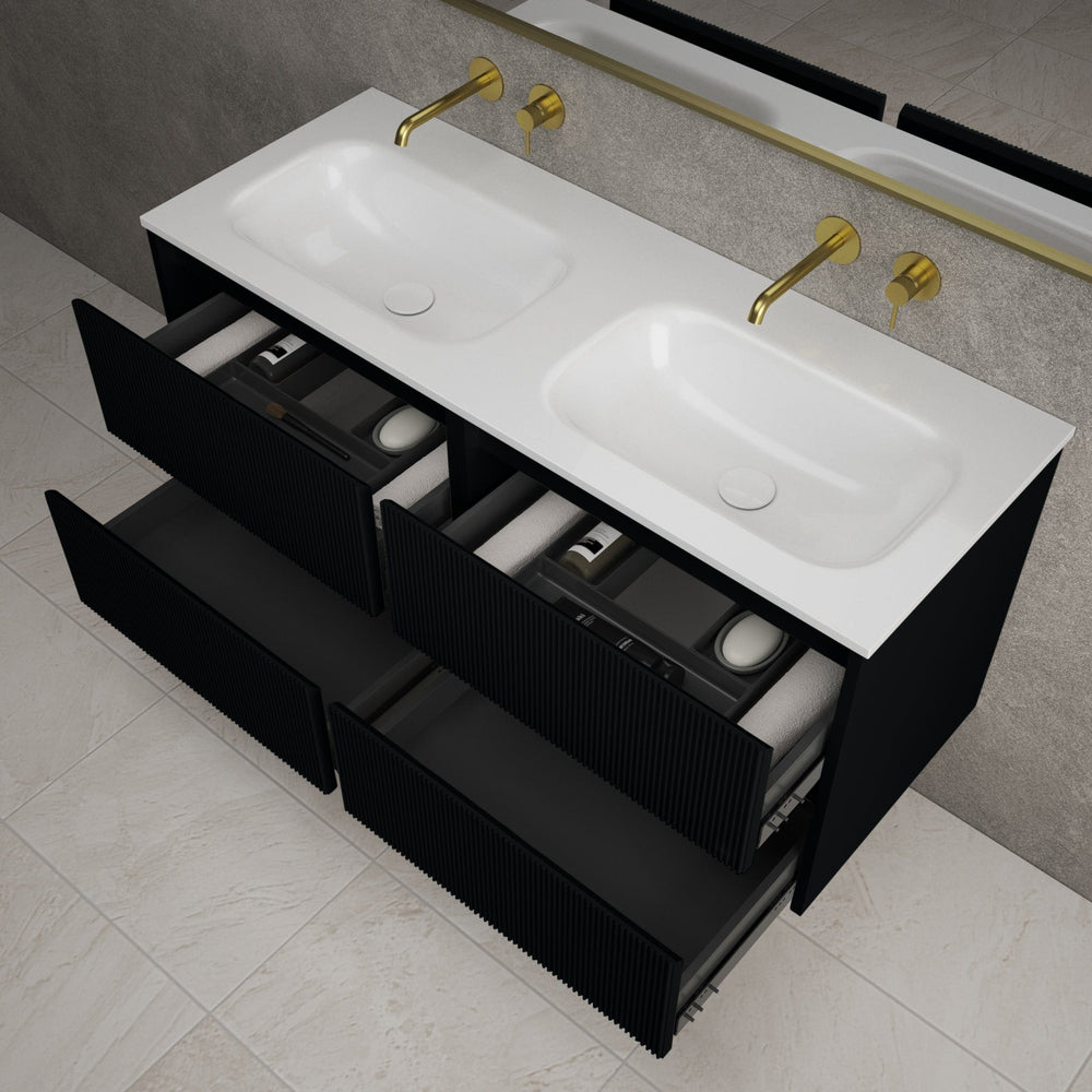 Scanalato Four Drawer Vanity Unit With Beyondstone Double Basin - Pure Black 1200mm