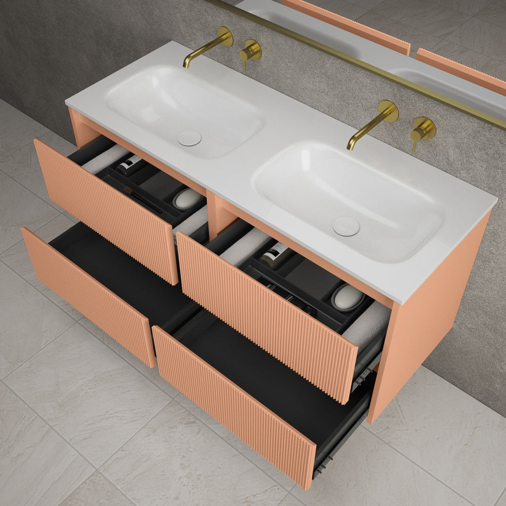 Scanalato Four Drawer Vanity Unit With Beyondstone Double Basin - Peach Fuzz 1200mm