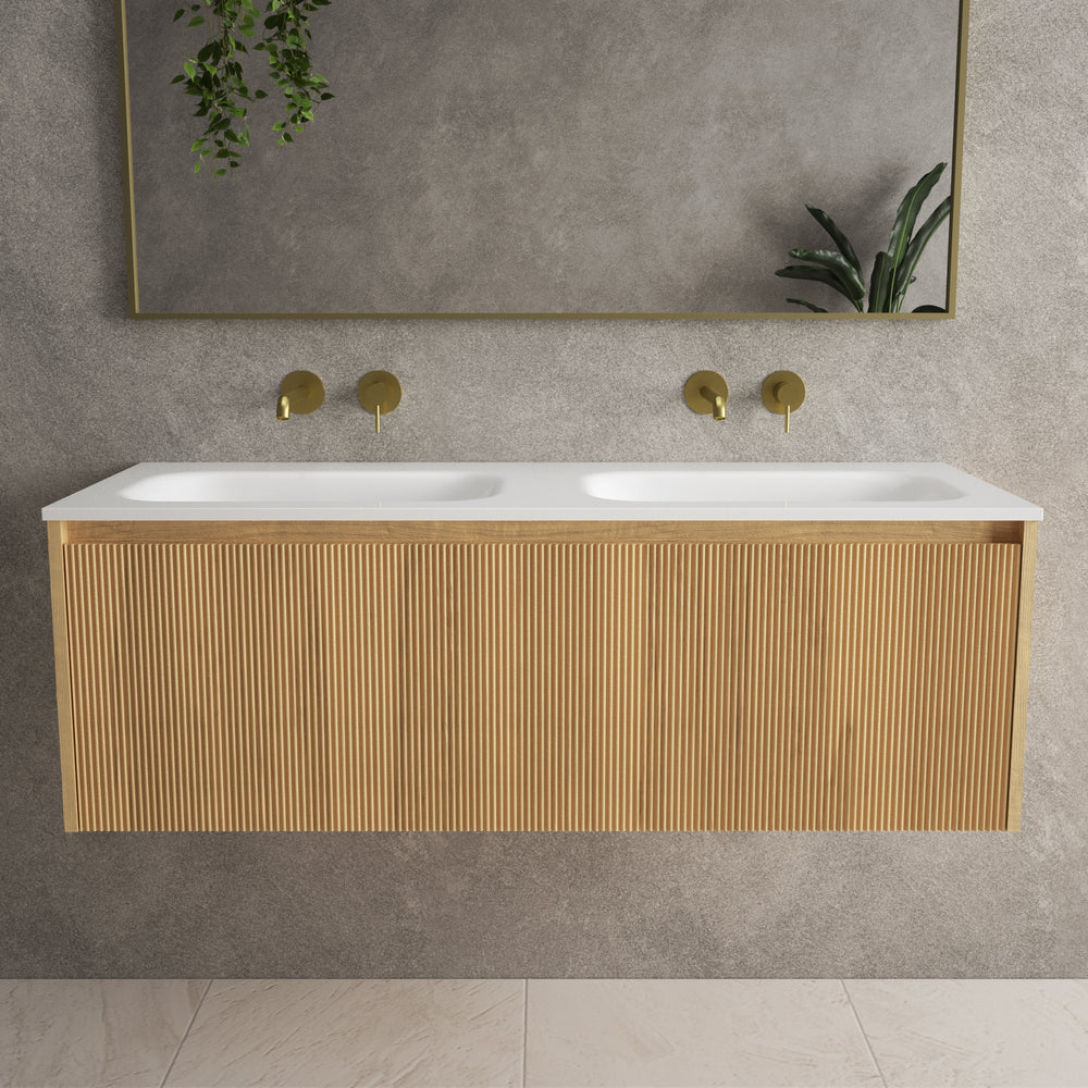 Scanalato Single Drawer Vanity Unit With Beyondstone Double Basin - Oak 1200mm