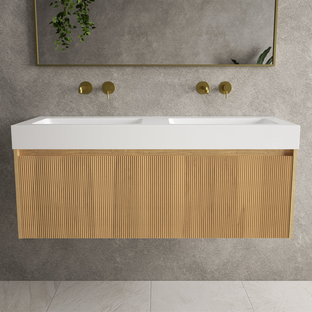 Scanalato Single Drawer Vanity Unit With Beyondstone BLOC Double Basin - Oak 1200mm