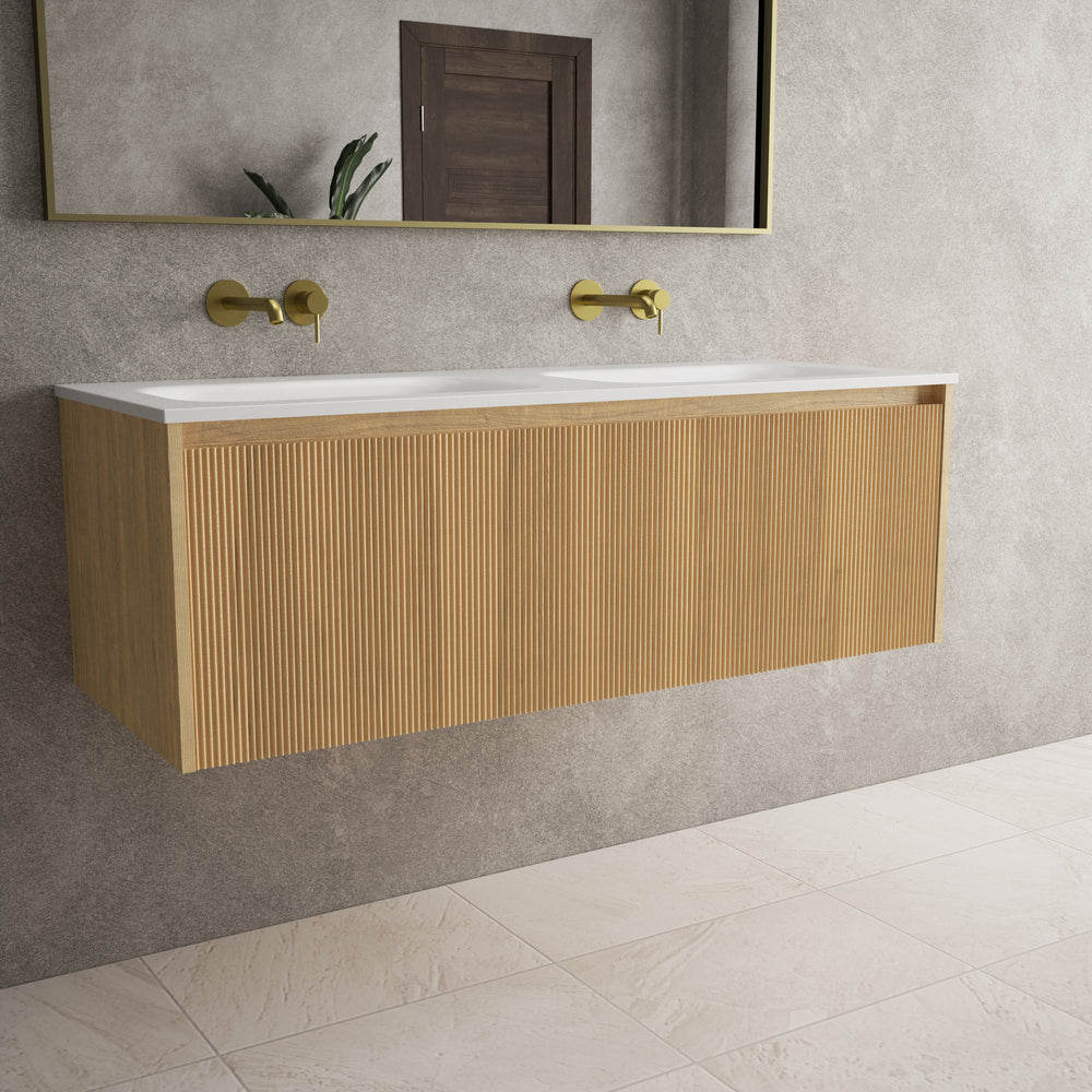 Scanalato Single Drawer Vanity Unit With Beyondstone Double Basin - Oak 1200mm