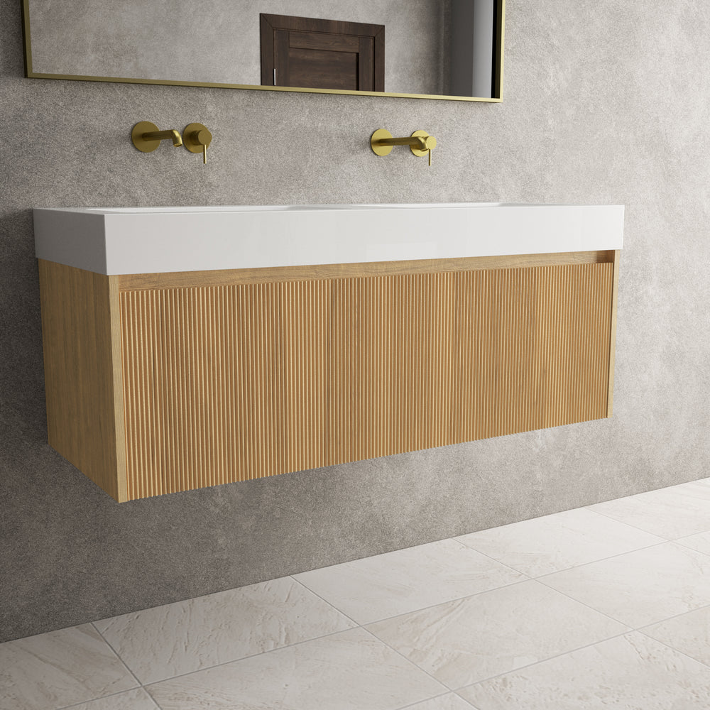 Scanalato Single Drawer Vanity Unit With Beyondstone BLOC Double Basin - Oak 1200mm