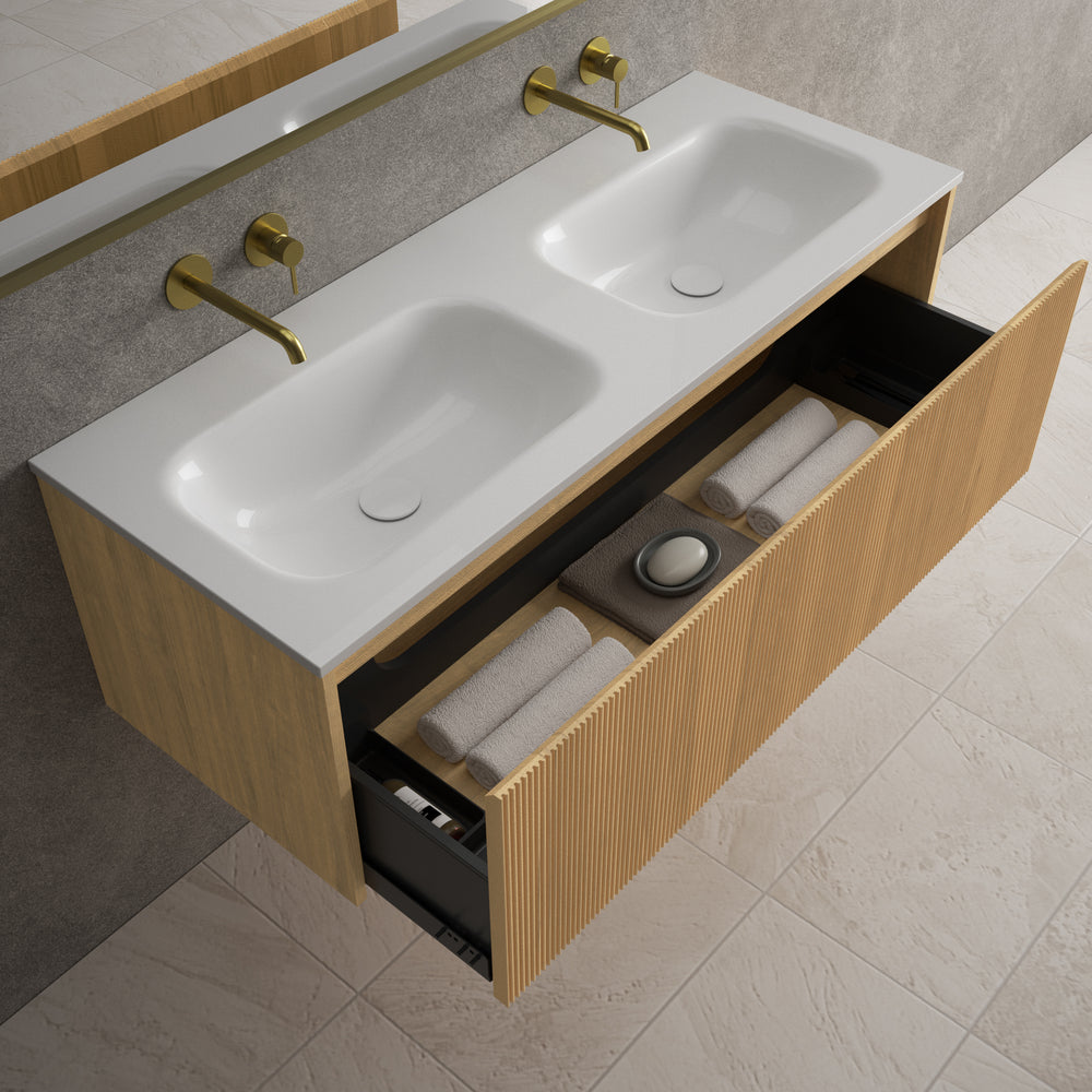 Scanalato Single Drawer Vanity Unit With Beyondstone Double Basin - Oak 1200mm