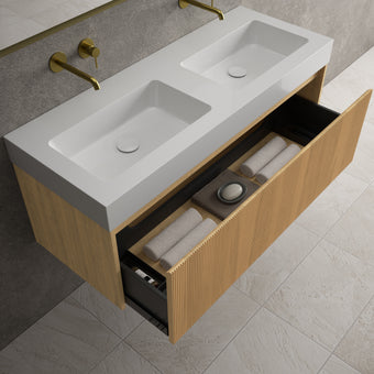 Scanalato Single Drawer Vanity Unit With Beyondstone BLOC Double Basin - Oak 1200mm