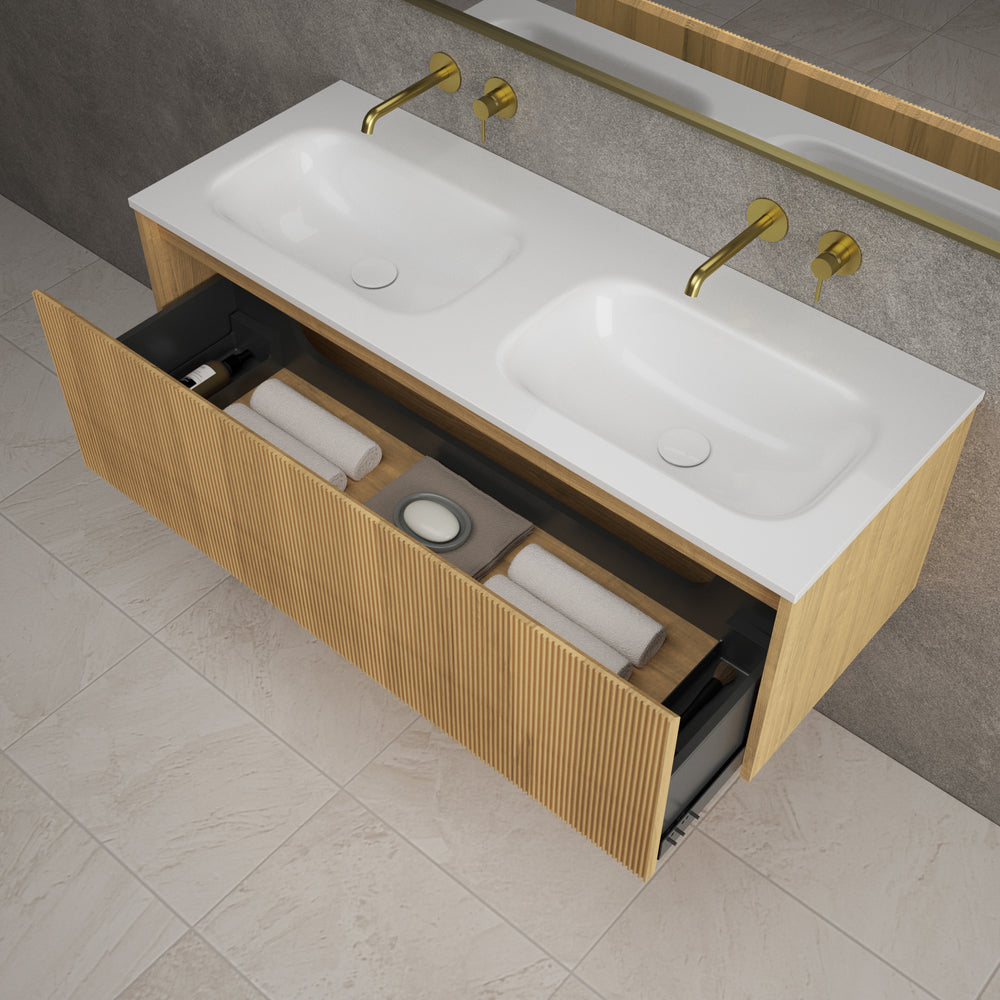 Scanalato Single Drawer Vanity Unit With Beyondstone Double Basin - Oak 1200mm