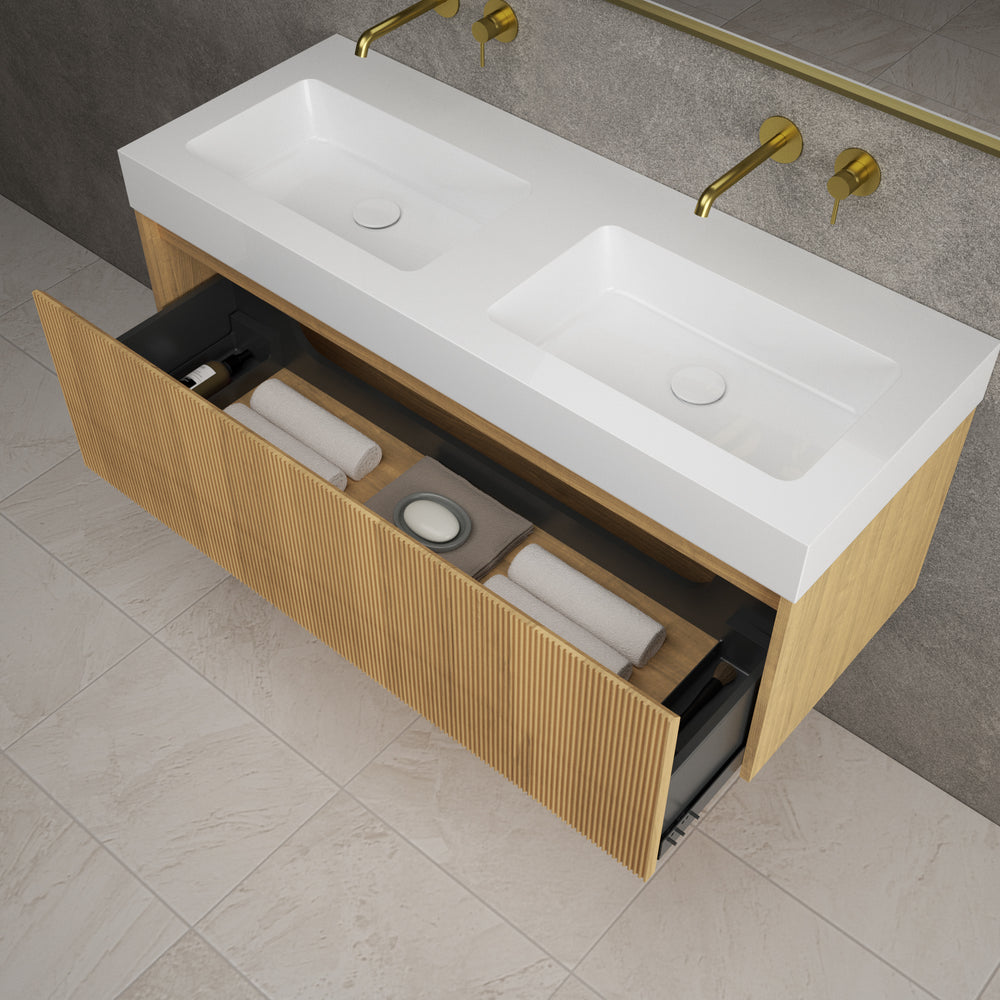 Scanalato Single Drawer Vanity Unit With Beyondstone BLOC Double Basin - Oak 1200mm