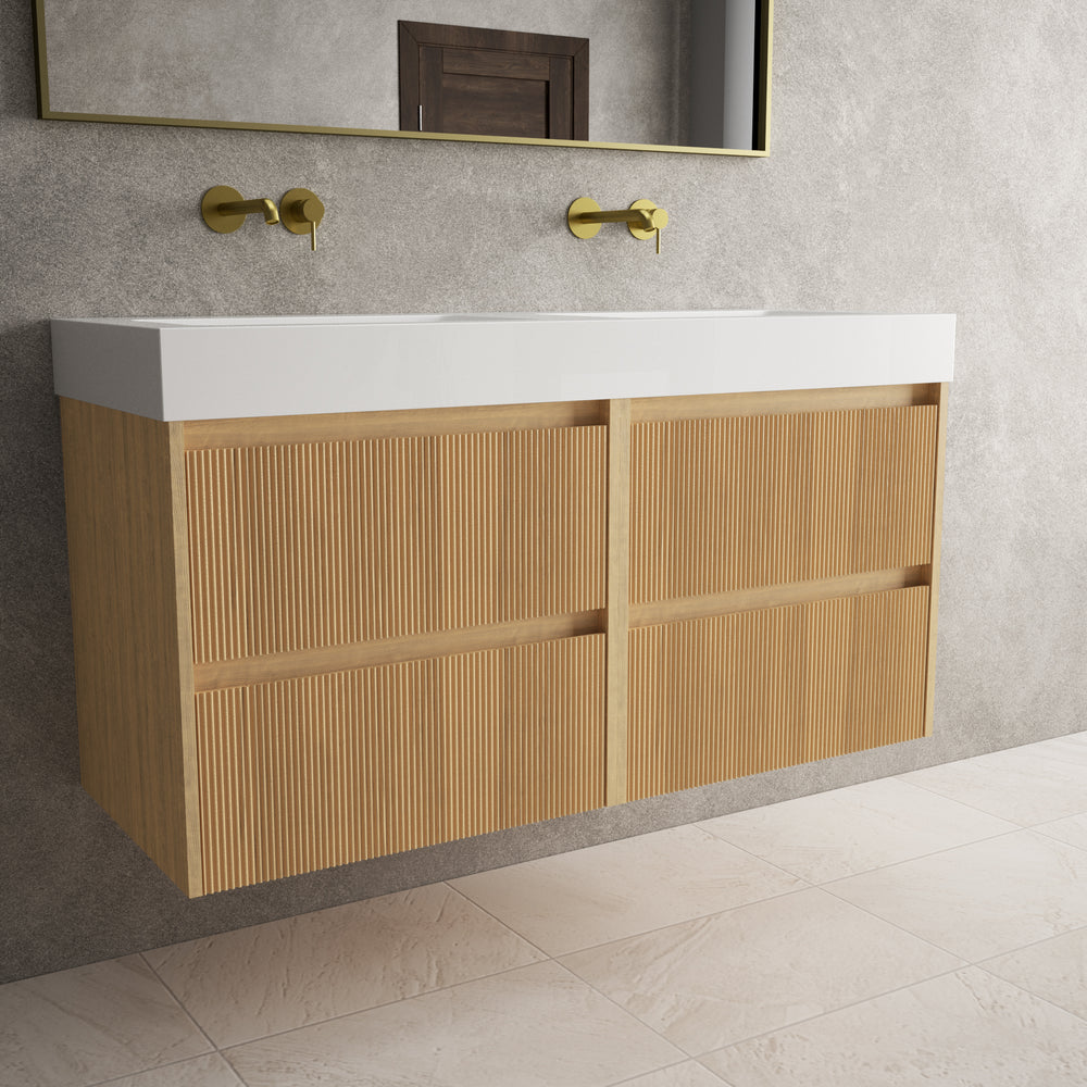 Scanalato Four Drawer Vanity Unit With Beyondstone BLOC Double Basin - Oak 1200mm