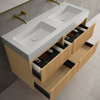 Scanalato Four Drawer Vanity Unit With Beyondstone BLOC Double Basin - Oak 1200mm
