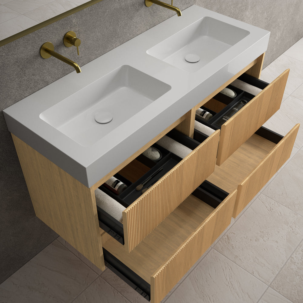 Scanalato Four Drawer Vanity Unit With Beyondstone BLOC Double Basin - Oak 1200mm