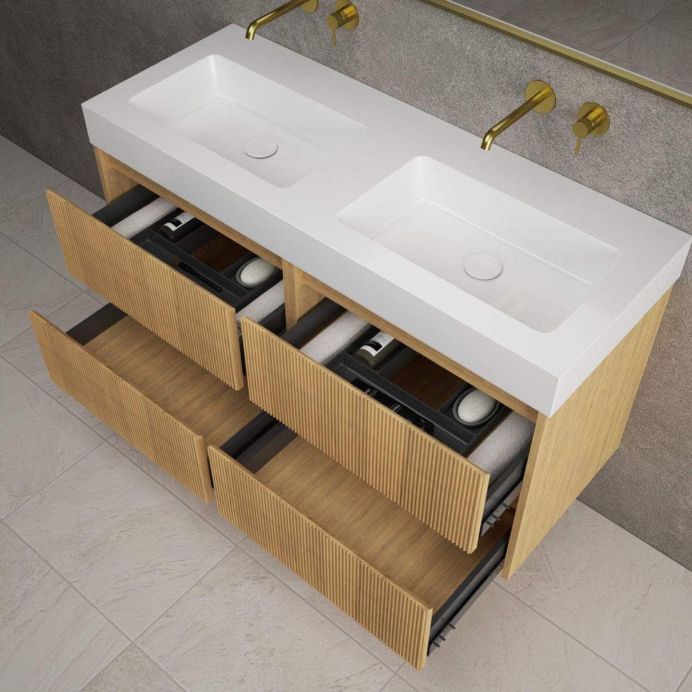 Scanalato Four Drawer Vanity Unit With Beyondstone BLOC Double Basin - Oak 1200mm