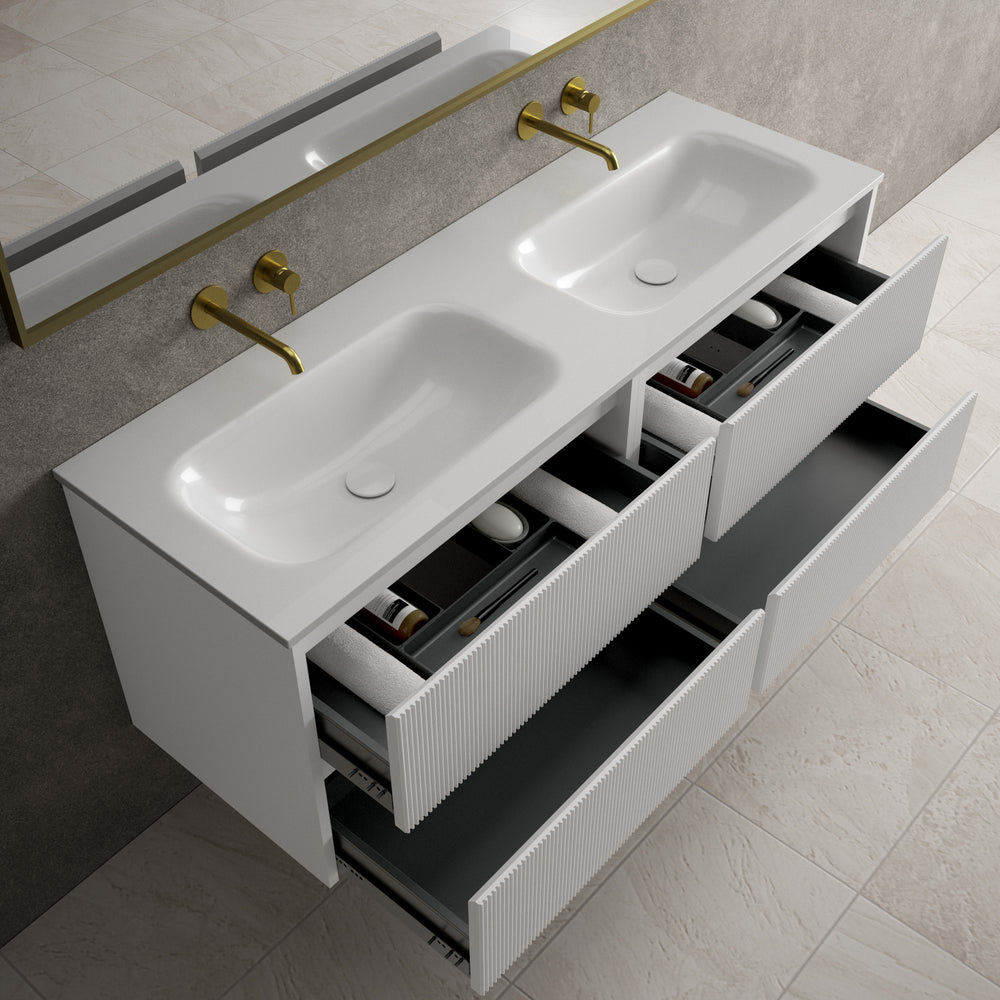 Scanalato Four Drawer Vanity Unit With Beyondstone Double Basin - Soft Grey 1400mm