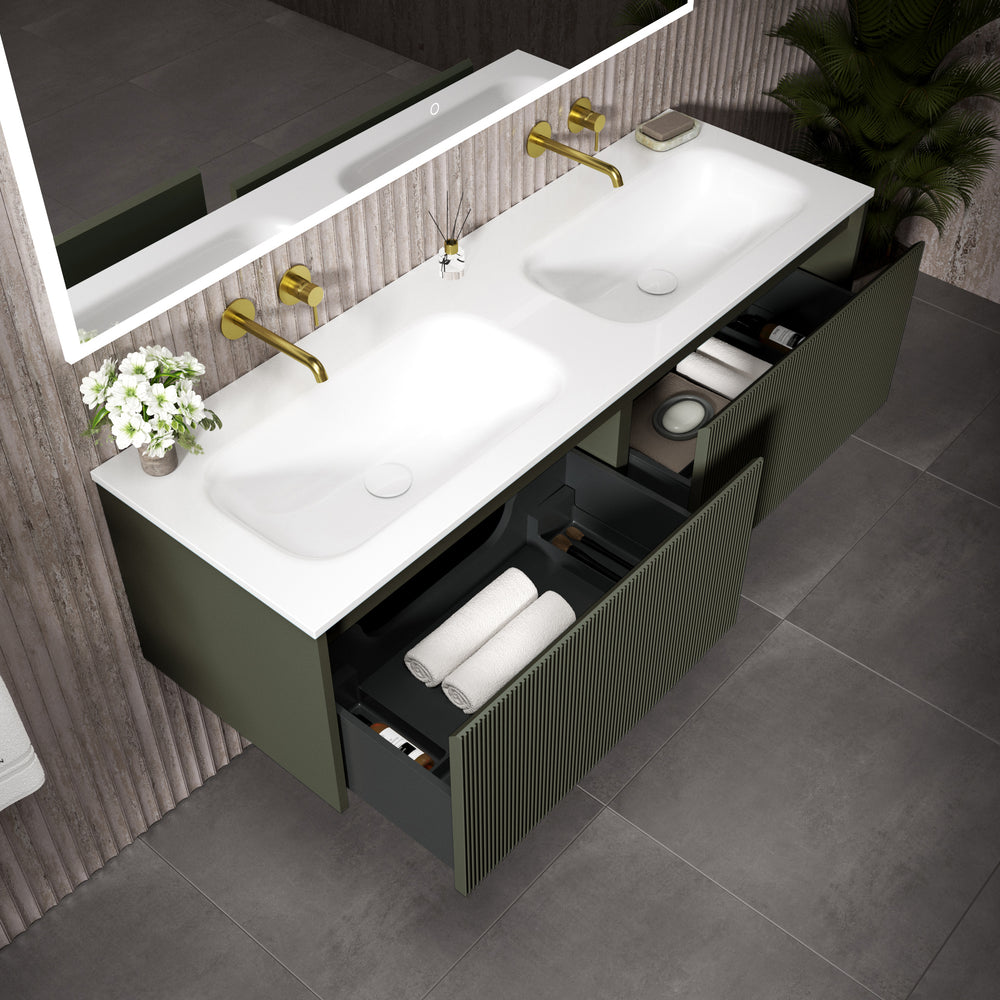 Scanalato Double Drawer Vanity Unit With Beyondstone Double Basin - Pistachio 1400mm