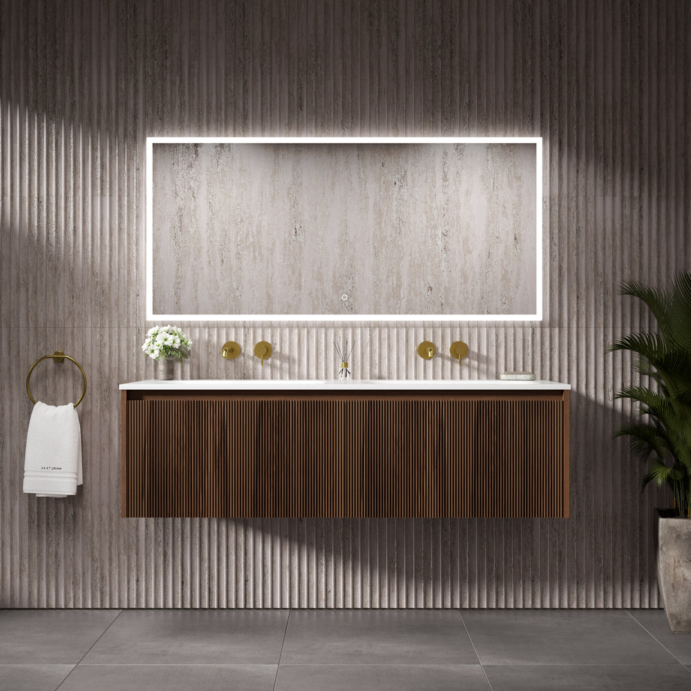 Scanalato Double Drawer Vanity Unit With Beyondstone Double Basin - Walnut 1400mm