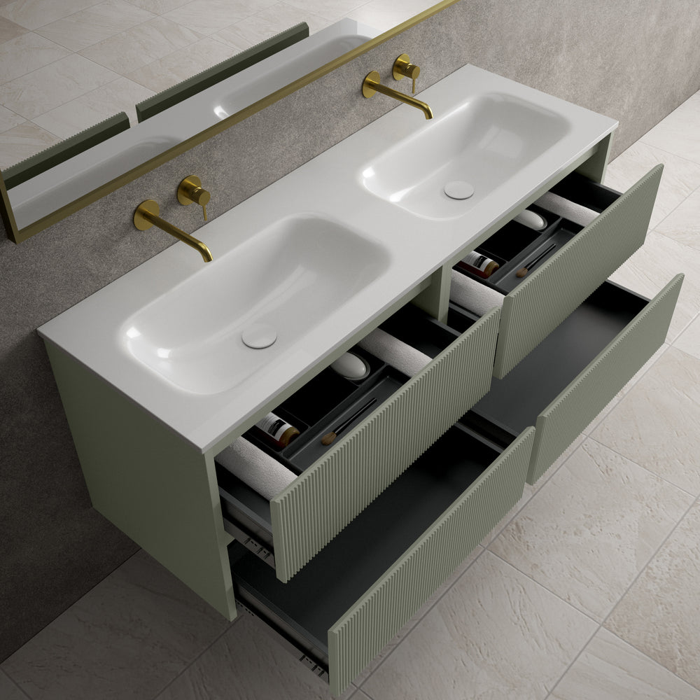 Scanalato Four Drawer Vanity Unit With Beyondstone Double Basin - Pistachio 1400mm