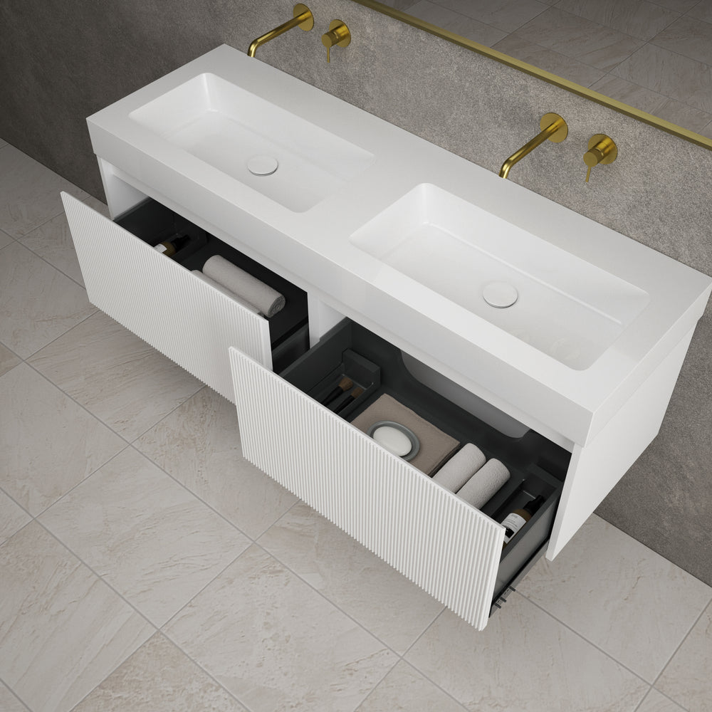 Scanalato Double Drawer Vanity Unit With Beyondstone BLOC Double Basin - Pure White 1400mm