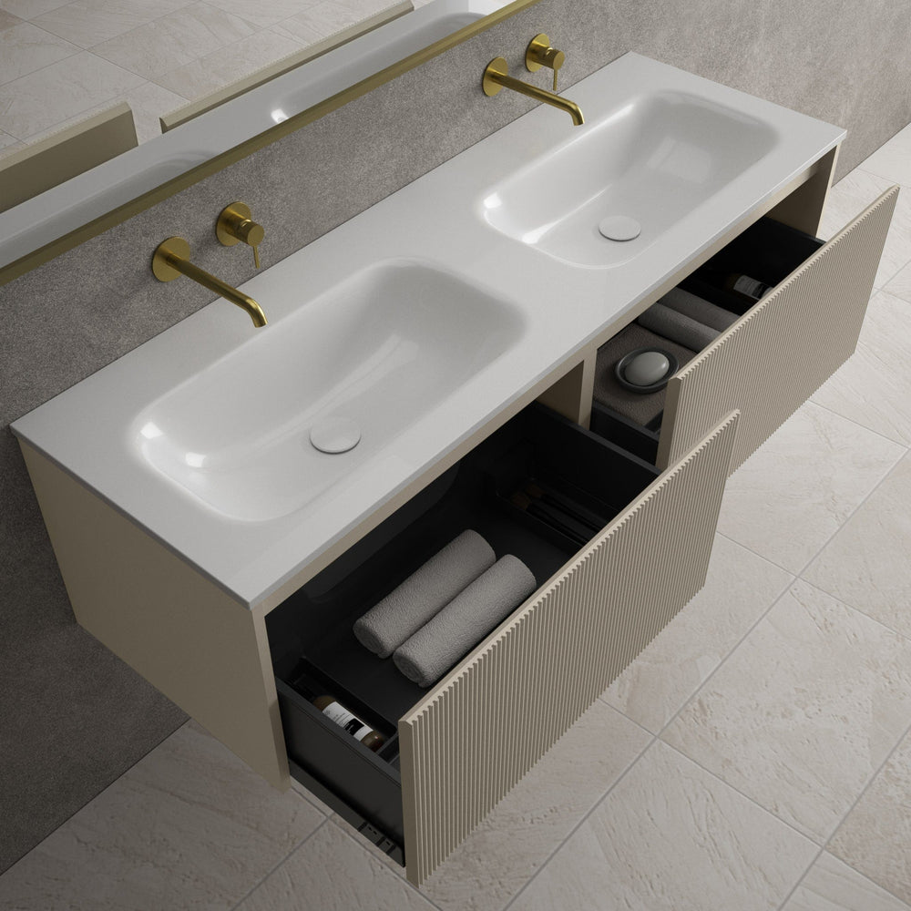 Scanalato Double Drawer Vanity Unit With Beyondstone Double Basin - Soft Taupe 1400mm