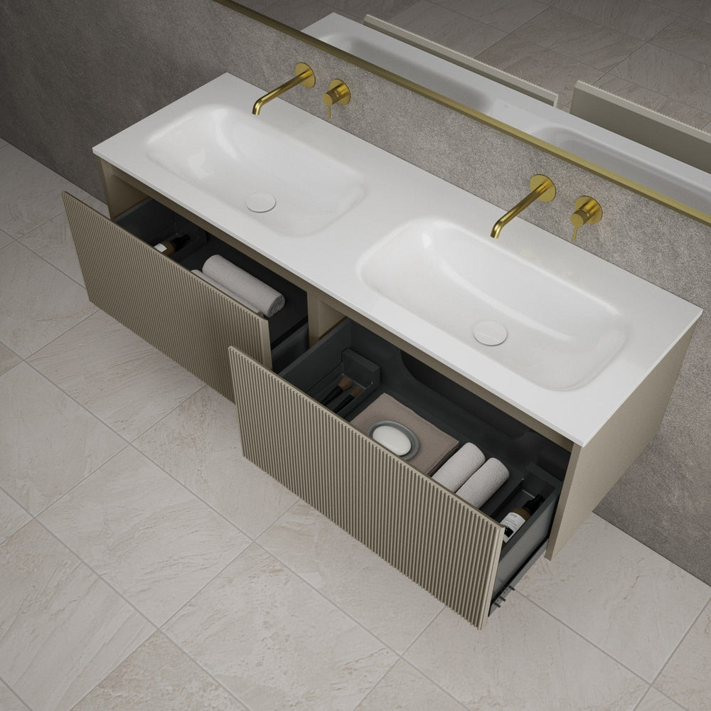Scanalato Double Drawer Vanity Unit With Beyondstone Double Basin - Soft Taupe 1400mm