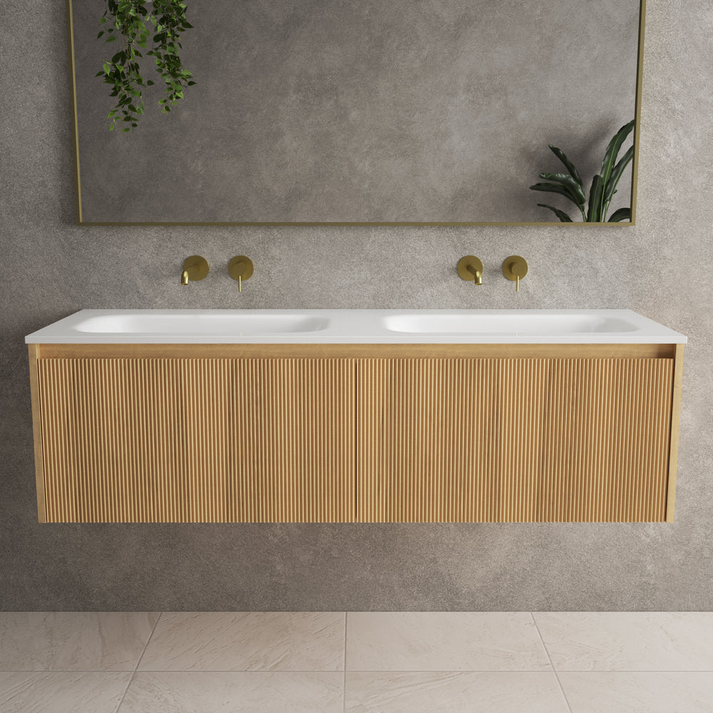 Scanalato Double Drawer Vanity Unit With Beyondstone Double Basin - Oak 1400mm