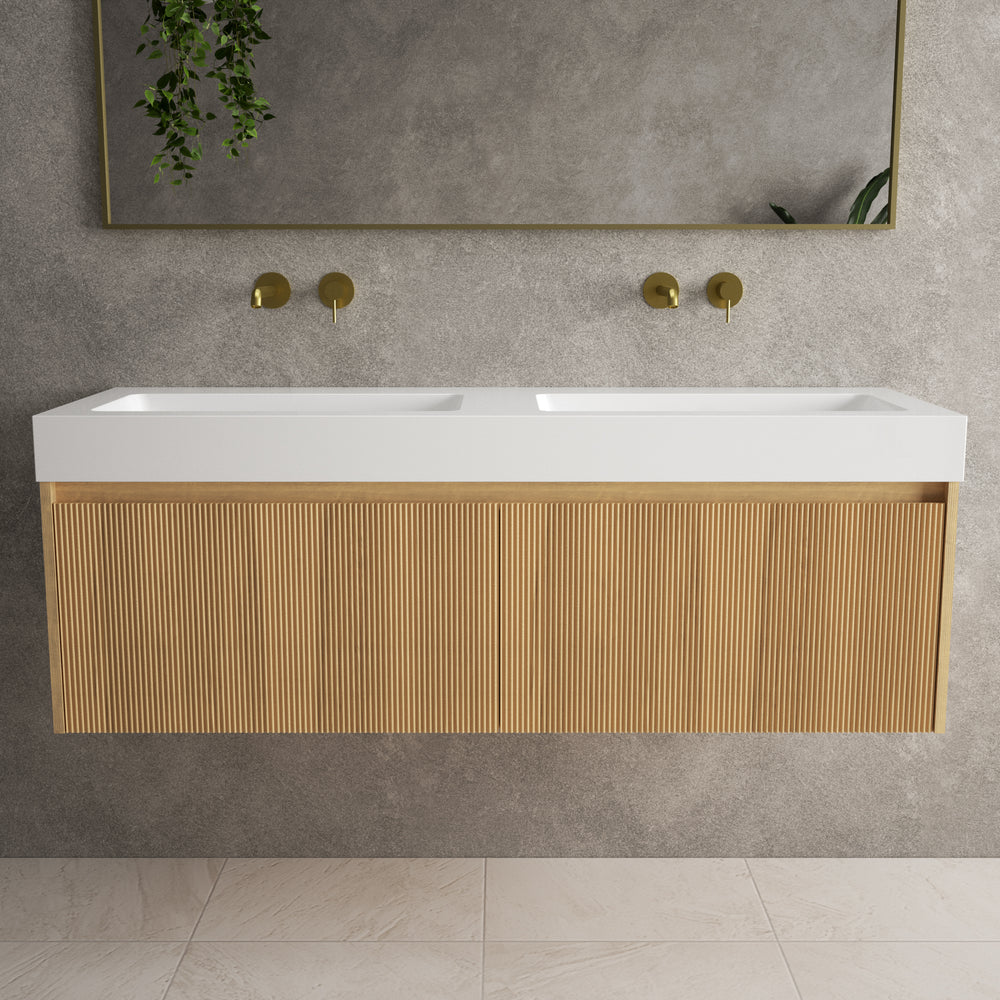 Scanalato Double Drawer Vanity Unit With Beyondstone BLOC Double Basin - Oak 1400mm