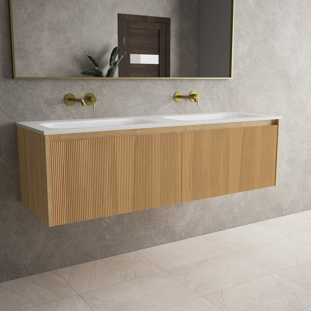 Scanalato Double Drawer Vanity Unit With Beyondstone Double Basin - Oak 1400mm