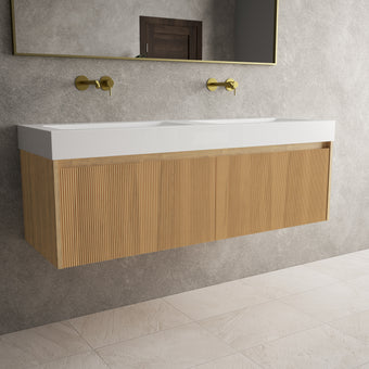 Scanalato Double Drawer Vanity Unit With Beyondstone BLOC Double Basin - Oak 1400mm