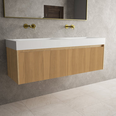 Scanalato Double Drawer Vanity Unit With Beyondstone BLOC Double Basin - Oak 1400mm