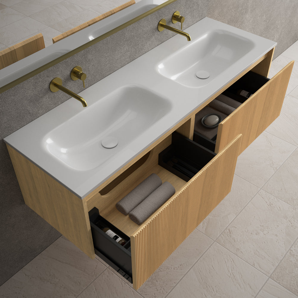 Scanalato Double Drawer Vanity Unit With Beyondstone Double Basin - Oak 1400mm