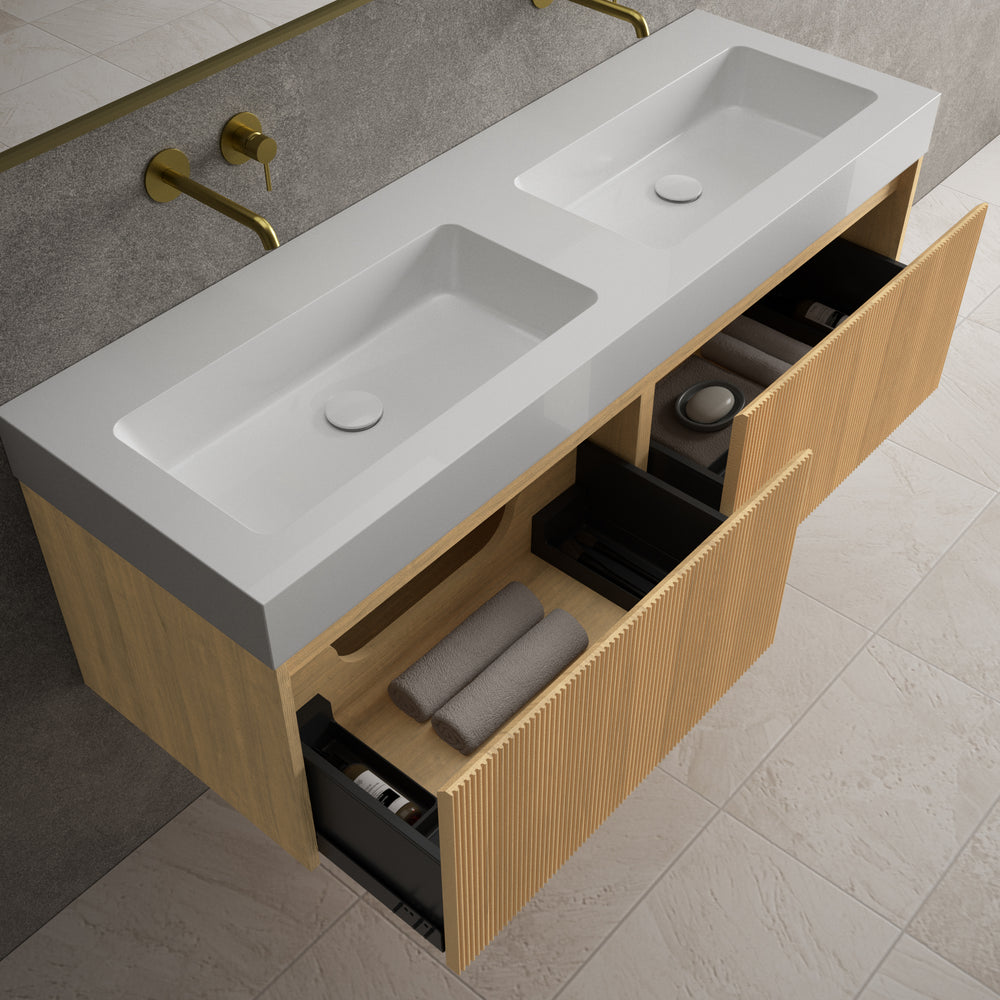 Scanalato Double Drawer Vanity Unit With Beyondstone BLOC Double Basin - Oak 1400mm