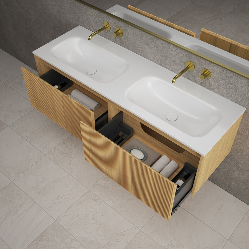 Scanalato Double Drawer Vanity Unit With Beyondstone Double Basin - Oak 1400mm