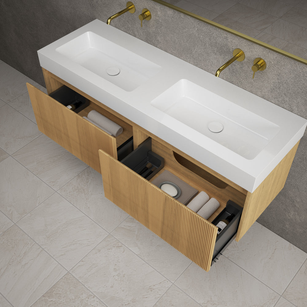Scanalato Double Drawer Vanity Unit With Beyondstone BLOC Double Basin - Oak 1400mm