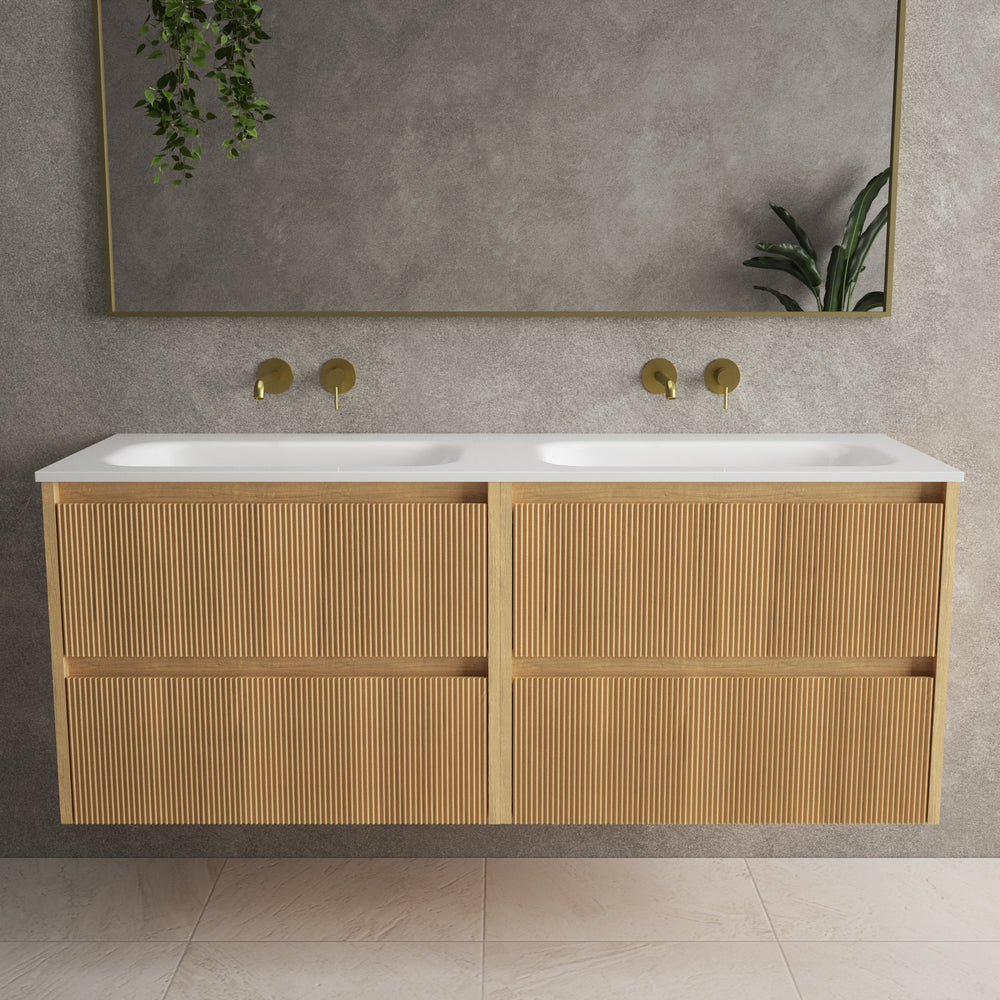 Scanalato Four Drawer Vanity Unit With Beyondstone Double Basin - Oak 1400mm