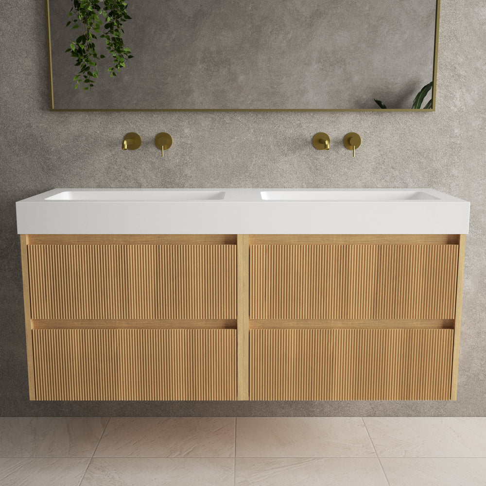 Scanalato Four Drawer Vanity Unit With Beyondstone BLOC Double Basin - Oak 1400mm