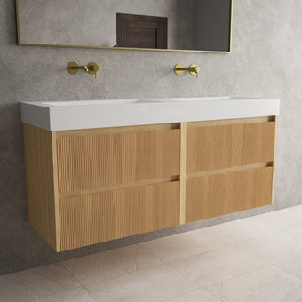 Scanalato Four Drawer Vanity Unit With Beyondstone BLOC Double Basin - Oak 1400mm