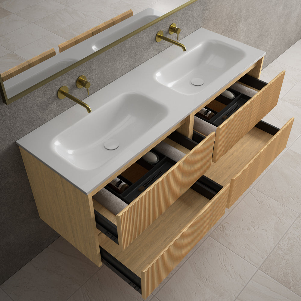 Scanalato Four Drawer Vanity Unit With Beyondstone Double Basin - Oak 1400mm