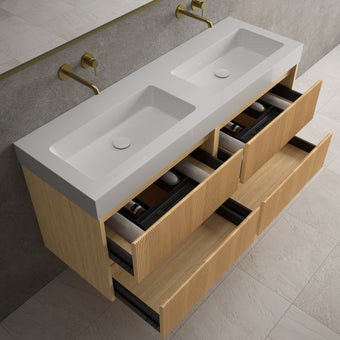Scanalato Four Drawer Vanity Unit With Beyondstone BLOC Double Basin - Oak 1400mm