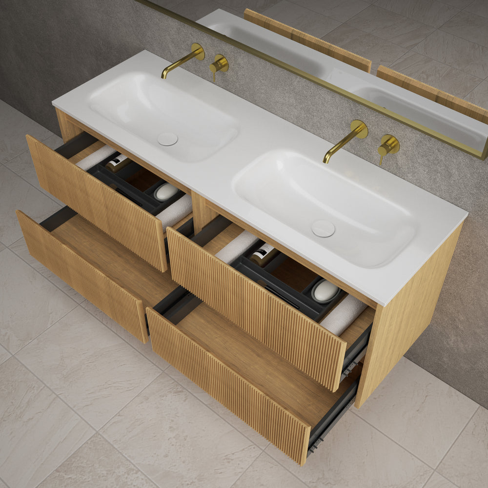 Scanalato Four Drawer Vanity Unit With Beyondstone Double Basin - Oak 1400mm