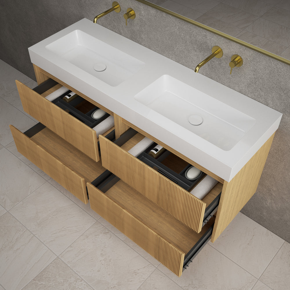 Scanalato Four Drawer Vanity Unit With Beyondstone BLOC Double Basin - Oak 1400mm