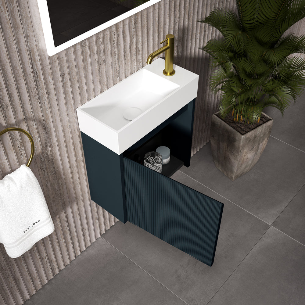 Scanalato Single Door Vanity Unit With Beyondstone Basin - Midnight Blue 450mm