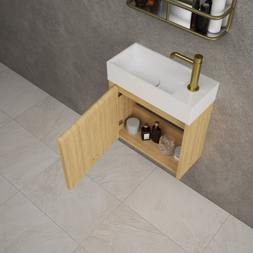Scanalato Single Door Vanity Unit With Beyondstone Basin - Oak 450mm