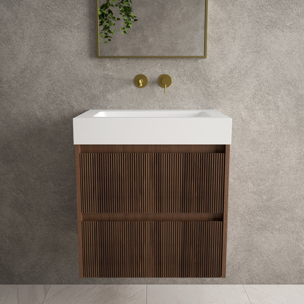 Scanalato Double Drawer Vanity Unit  With Beyondstone BLOC Basin - Walnut 600mm