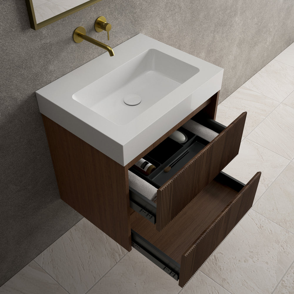 Scanalato Double Drawer Vanity Unit  With Beyondstone BLOC Basin - Walnut 600mm