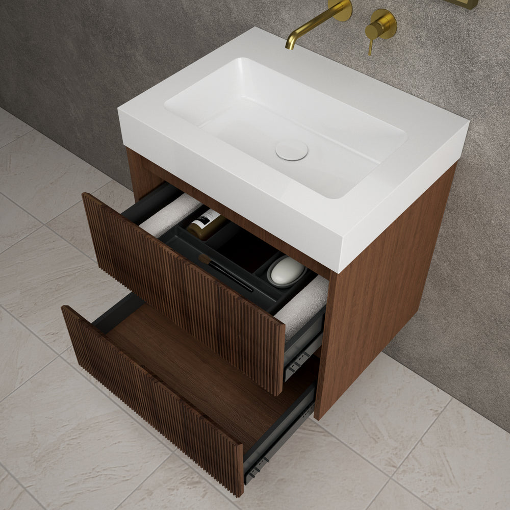 Scanalato Double Drawer Vanity Unit  With Beyondstone BLOC Basin - Walnut 600mm