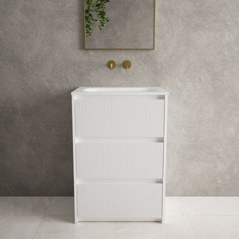 Scanalato Three Drawer Floor Standing Vanity Unit With Beyondstone Basin - Pure White 600mm