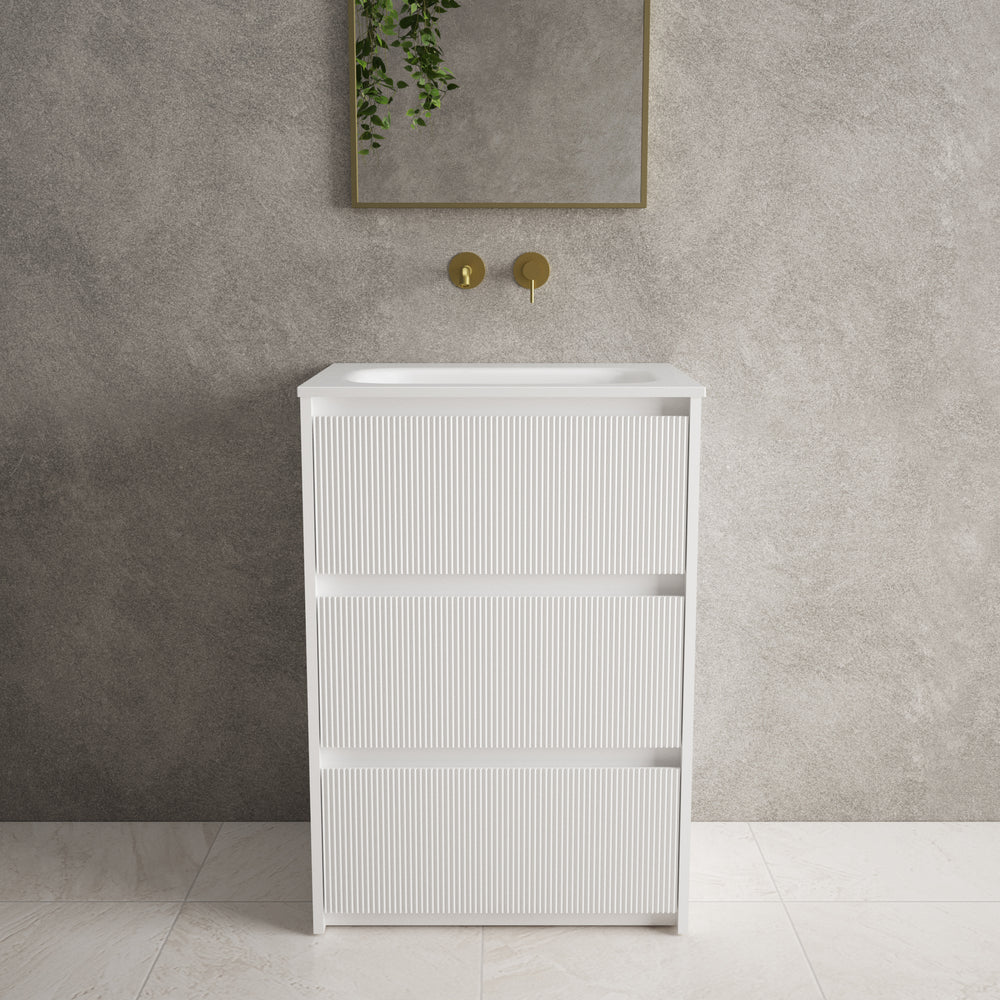 Scanalato Three Drawer Floor Standing Vanity Unit With Beyondstone Basin - Pure White 600mm