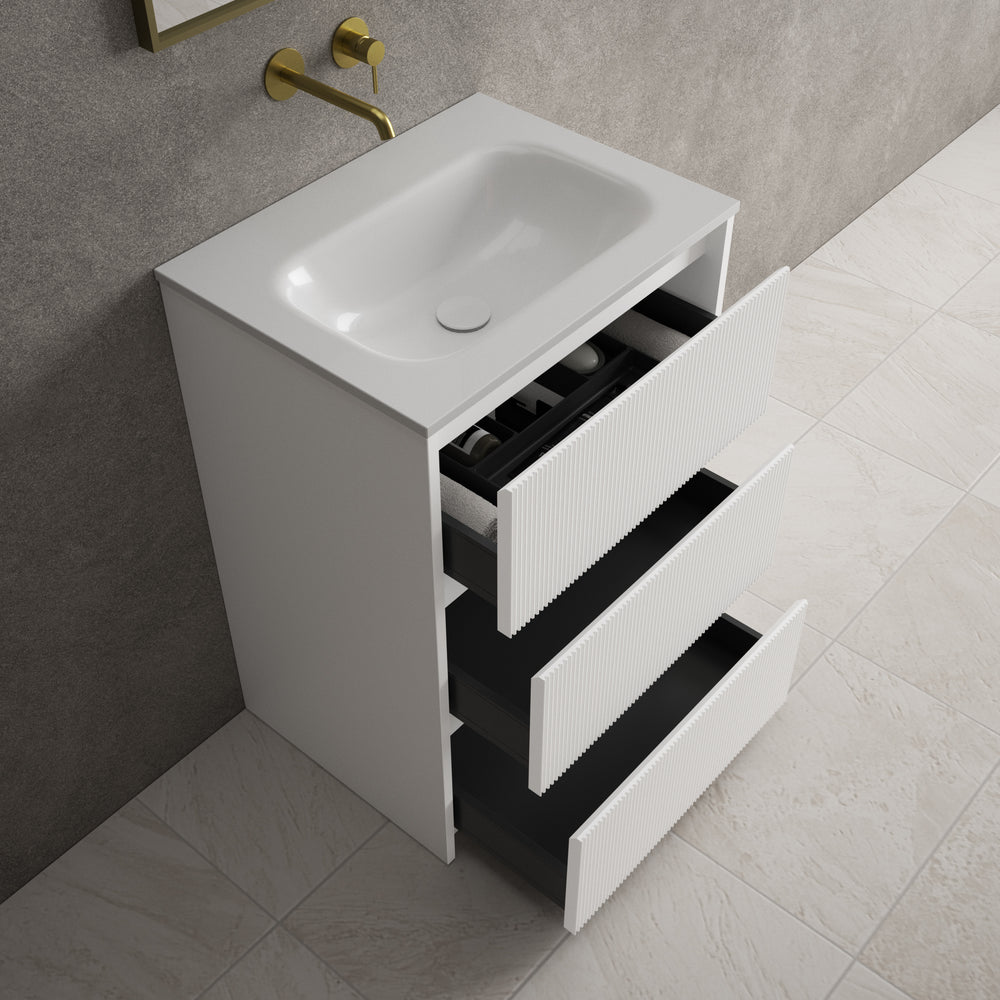 Scanalato Three Drawer Floor Standing Vanity Unit With Beyondstone Basin - Pure White 600mm