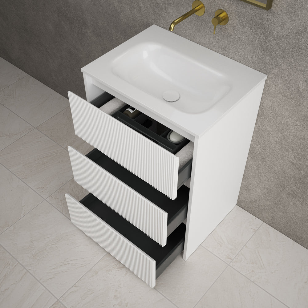 Scanalato Three Drawer Floor Standing Vanity Unit With Beyondstone Basin - Pure White 600mm