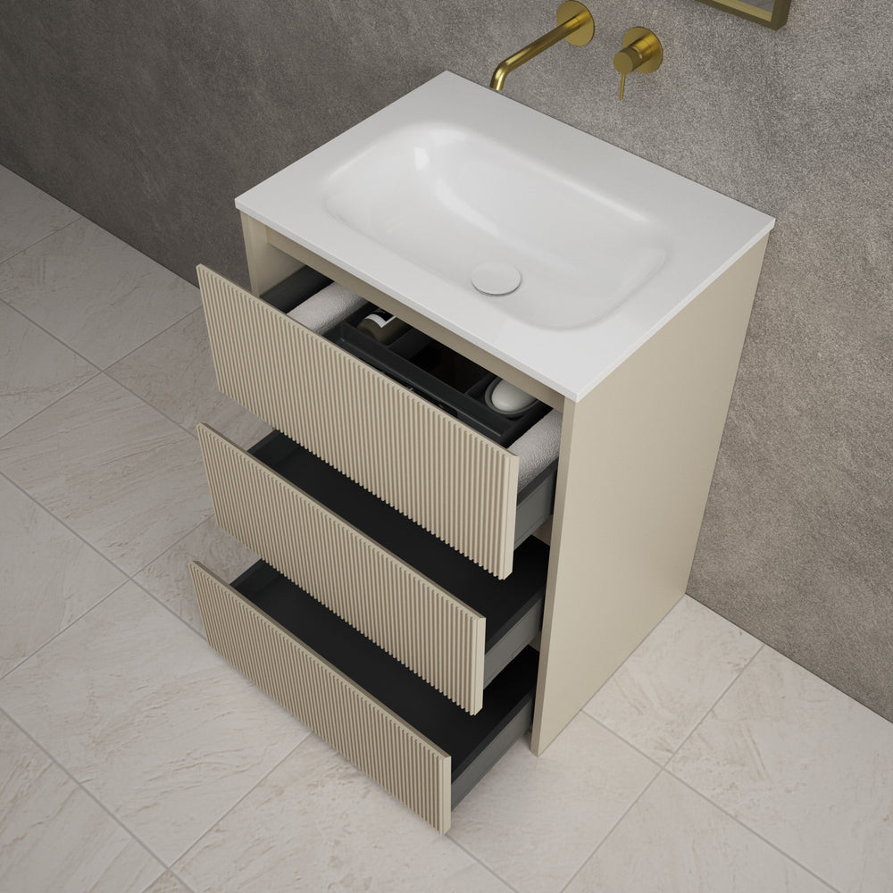 Scanalato Three Drawer Floor Standing Vanity Unit With Beyondstone Basin - Cashmere 600mm