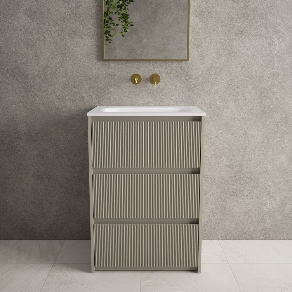 Scanalato Three Drawer Floor Standing Vanity Unit With Beyondstone Basin - Soft Taupe 600mm